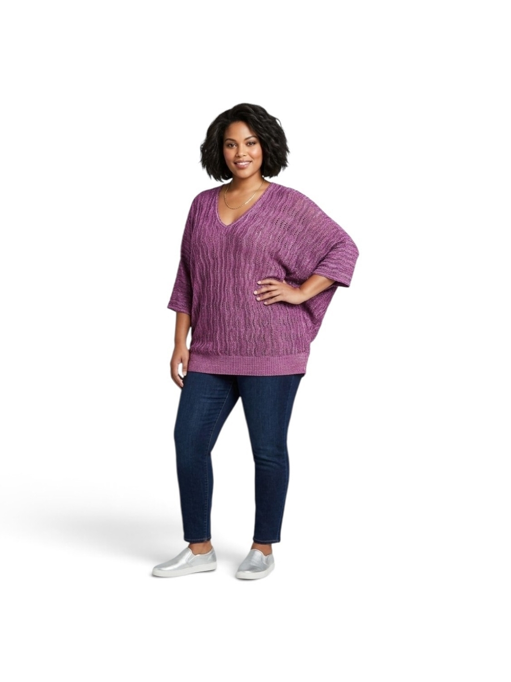 Catherines Plus-Size V-Neck Knit Sweater in Magenta 2X
